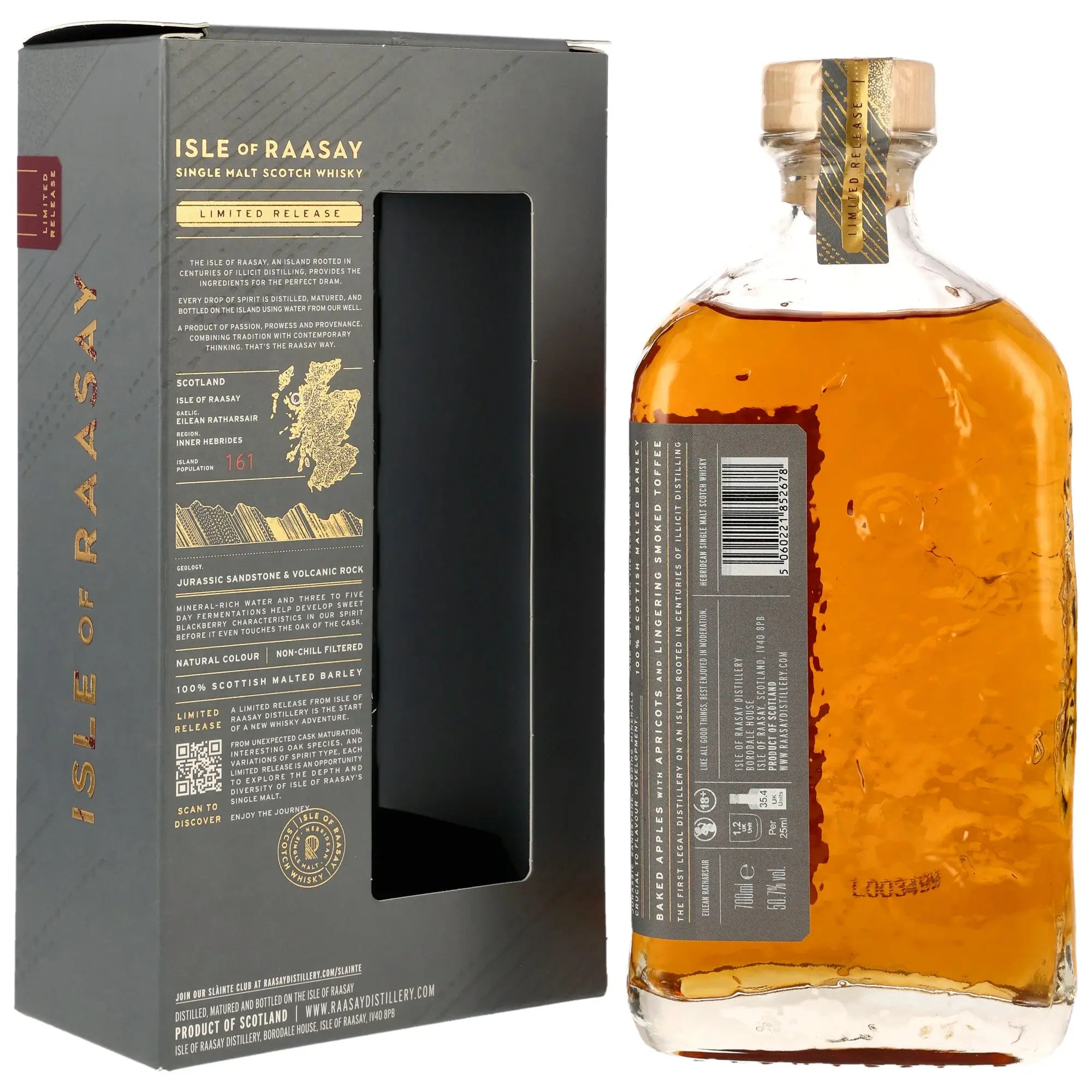 Rückseite der Whiskyflasche und Verpackung vom Single Malt Isle of Raasay Marsala Cask 2021/2025