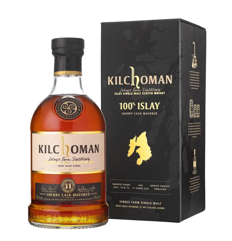 Vorderseite der Flasche und Verpackung vom Kilchoman 100% Islay Sherry Cask Matured 11 Jahre Islay Single Malt Whisky