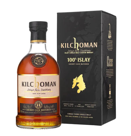 Vorderseite der Flasche und Verpackung vom Kilchoman 100% Islay Sherry Cask Matured 11 Jahre Islay Single Malt Whisky