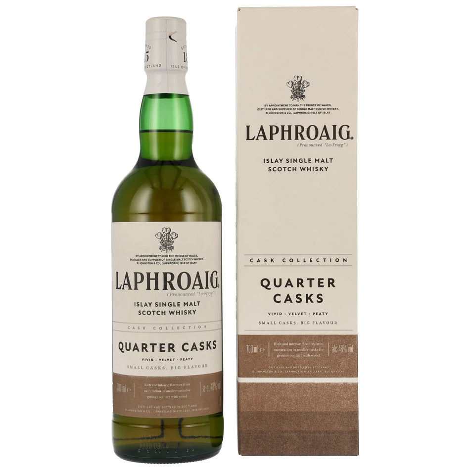 Vorderseite des Whisky und der Verpackung vom Laphroaig Quarter Casks Islay Single Malt Whisky