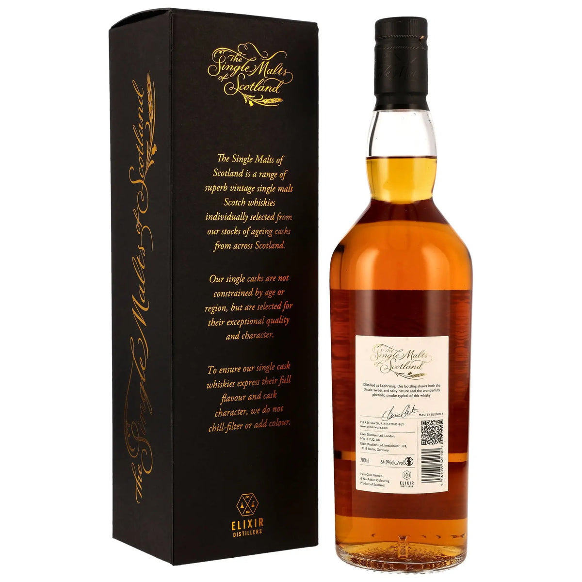 Rückseite der Flasche und Verpackung vom Laphroaig The Single Malts of Scotland 11 Jahre 2014/2025 Single Malt Whisky