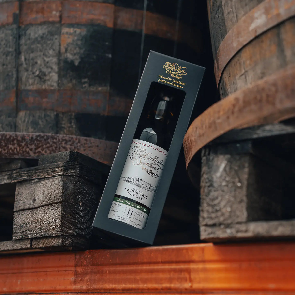 Laphroaig The Single Malts of Scotland 11 Jahre 2014/2025 Single Malt Whisky in seiner Verpackung an ein Holzfass gelehnt