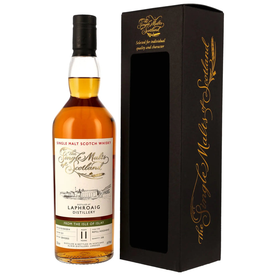 Vorderseite der Flasche und Verpackung vom Laphroaig The Single Malts of Scotland 11 Jahre 2014/2025 Single Malt Whisky