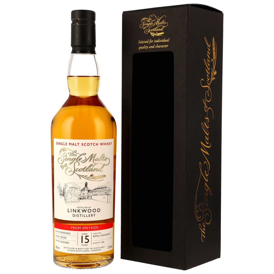 Vorderseite der Single Malt Whiskyflasche und Verpackung vom Linkwood 15 Jahre 2010/2025