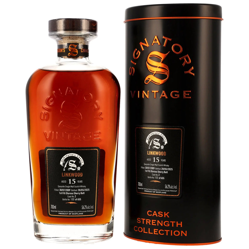Vorderseiteder Single Malt Whiskyflasche und Verpackung Linkwood Symington's Choice 15 Jahre 2009/2025
