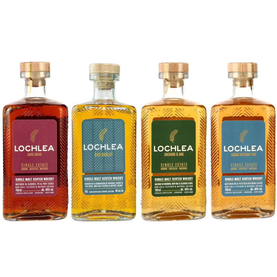 Lochlea Core Range bestend aus den vier Lowland Single Malt Scotch Whiskys Our Barley, Dark Briar, Orchard und Oak und Smoke Without Fire
