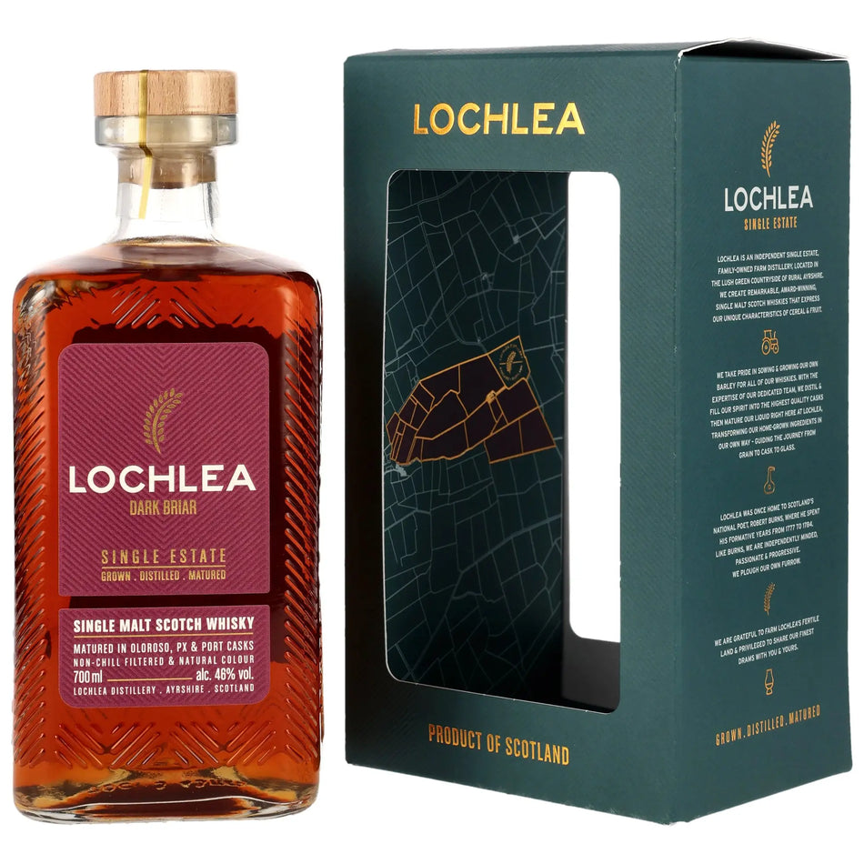 Vorderseite der Flasche und Verpackung vom Lowland Single Malt Whisky Lochlea Dark Briar