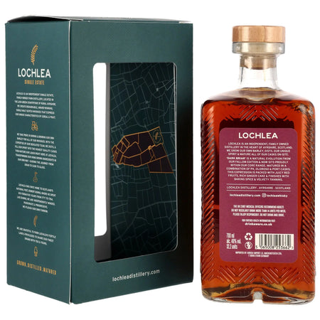 Rückseite der Flasche und Verpackung vom Lowland Single Malt Whisky Lochlea Dark Briar