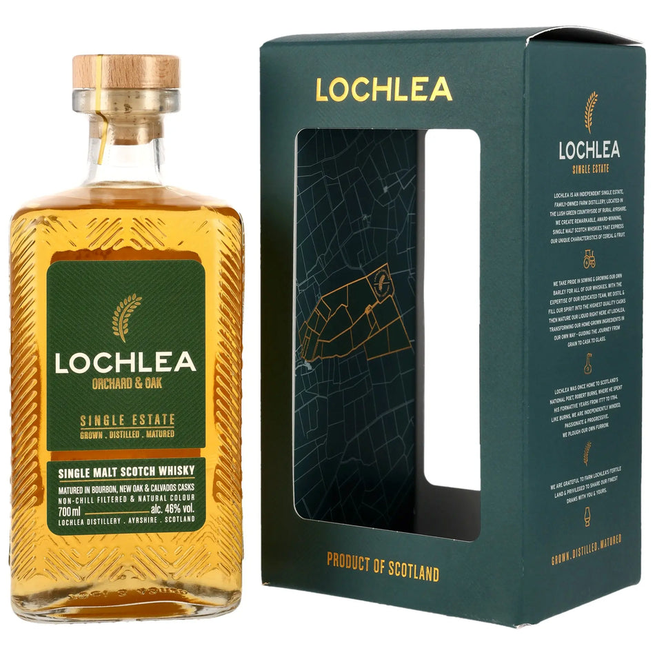 Vorderseite der Flasche und Verpackung vom Lowland Single Malt Scotch Whisky Lochlea Orchard & Oak