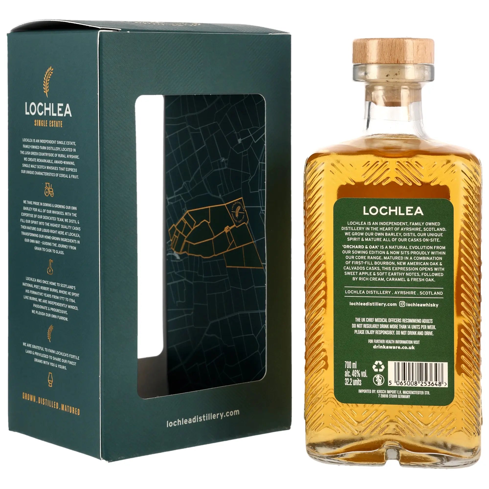 Rückseite der Flasche und Verpackung vom Lowland Single Malt Scotch Whisky Lochlea Orchard & Oak