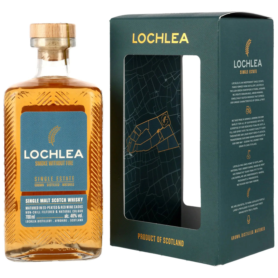Vorderseite der Flasche und Verpackung vom Lochlea Smoke without Fire Lowland Single Malt Scotch Whisky