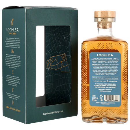 Rückseite der Flasche und Verpackung vom Lochlea Smoke without Fire Lowland Single Malt Scotch Whisky