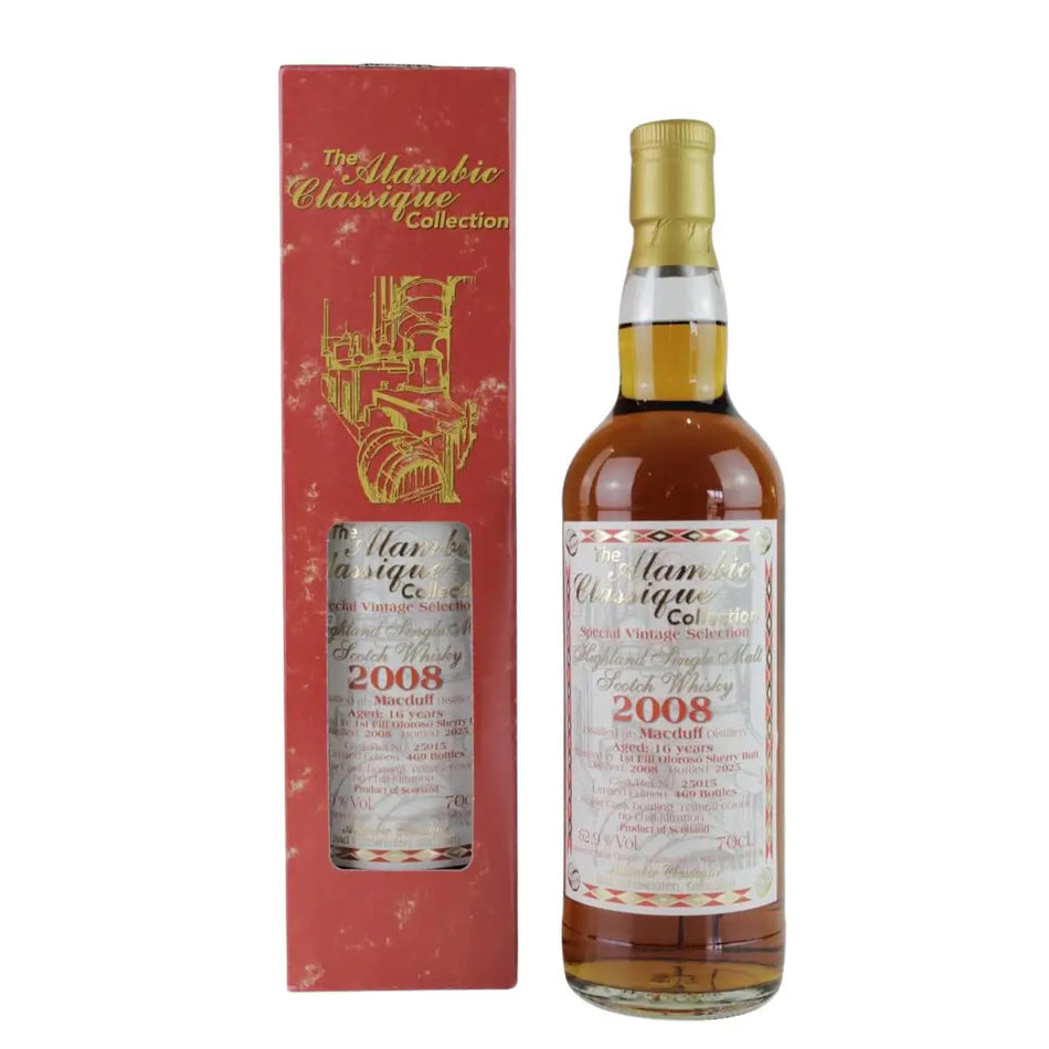 Vorderseite der Flasche und Verpackung vom Macduff Special Vintage Collection 16 Jahre 2008/2025 Single Malt Scotch Whisky
