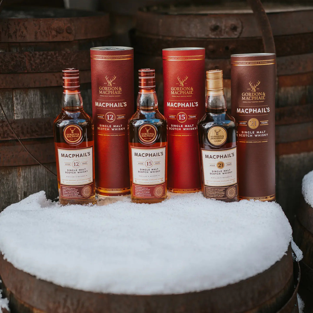 MacPhail's Whisky Set 12 Jahre 15 Jahre 21 Jahre im Schnee