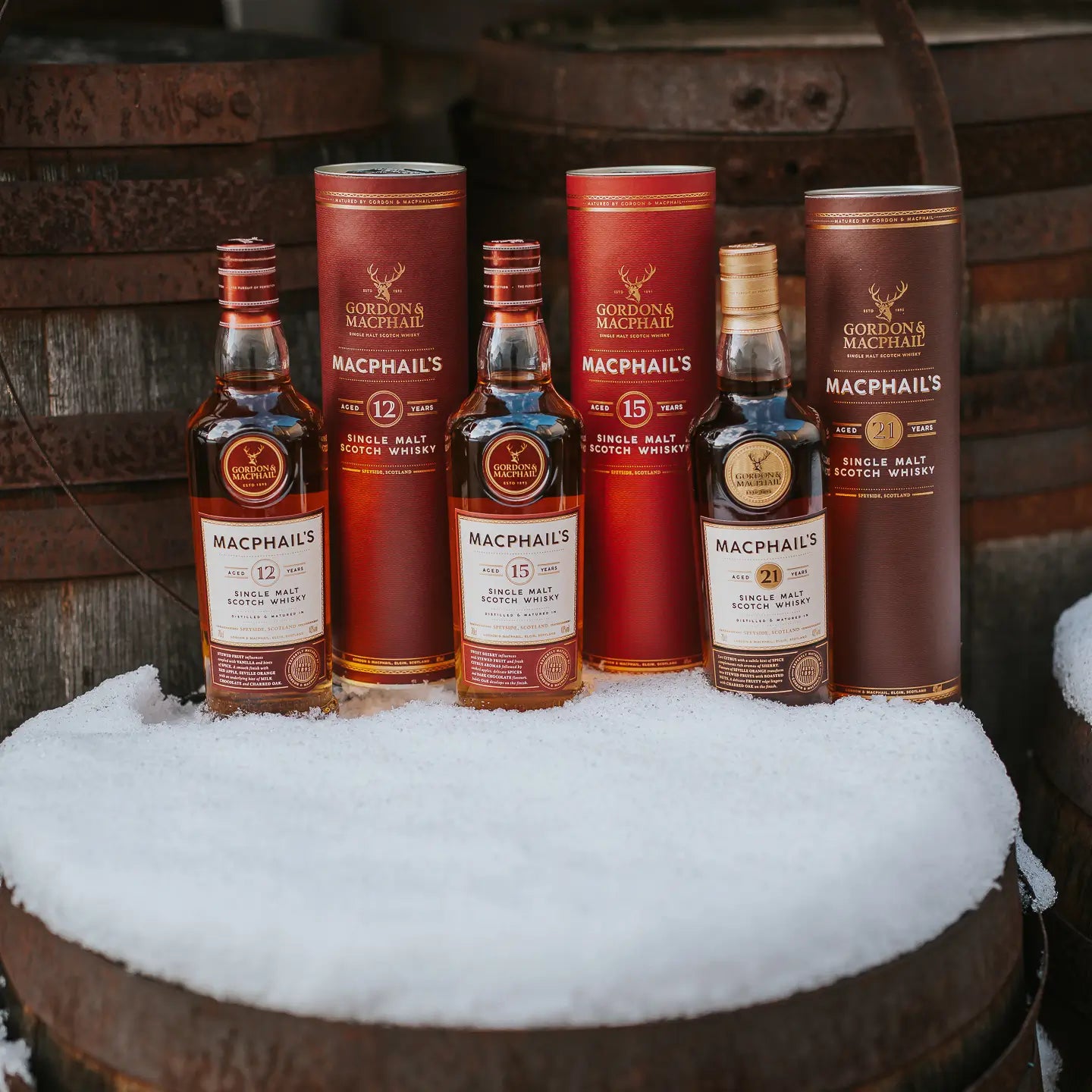 MacPhail's Whisky Set 12 Jahre 15 Jahre 21 Jahre im Schnee