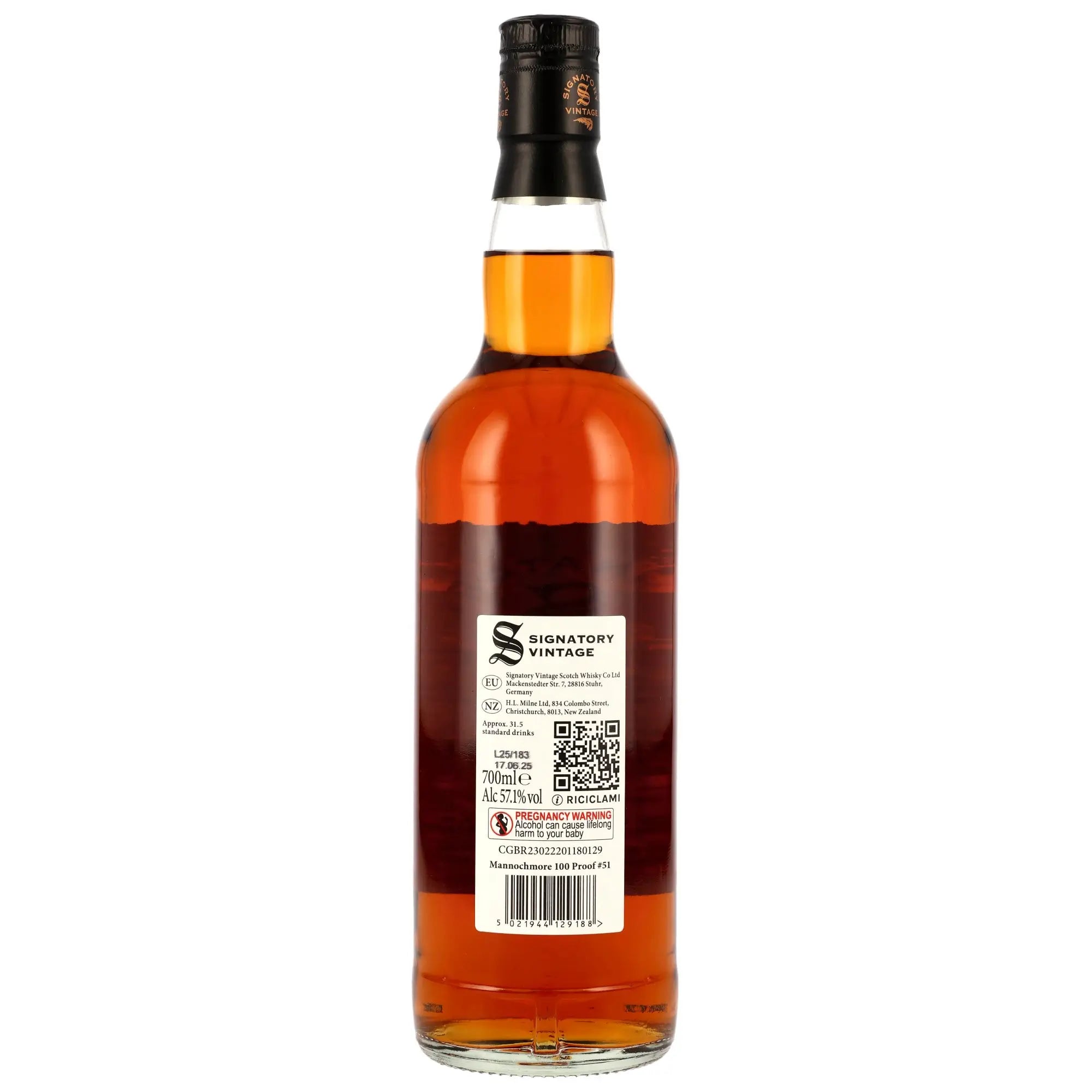 Rückseite der Whiskyflasche Mannochmore 100 Proof Edition #51 11 Jahre 2014/2025 Single Malt