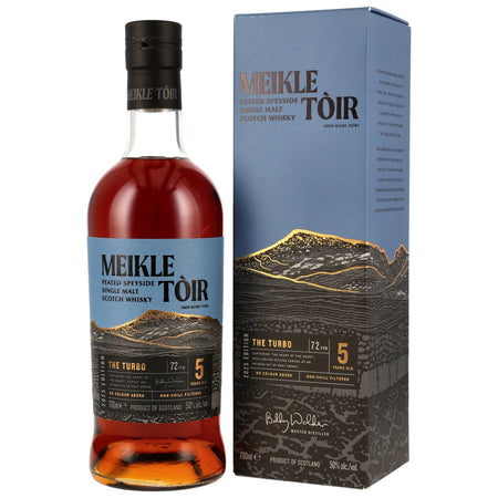 Vorderseite der Flasche und Verpackung vom Meikle Tòir The Turbo 5 Jahre 2025 Edition Single Malt Whisky
