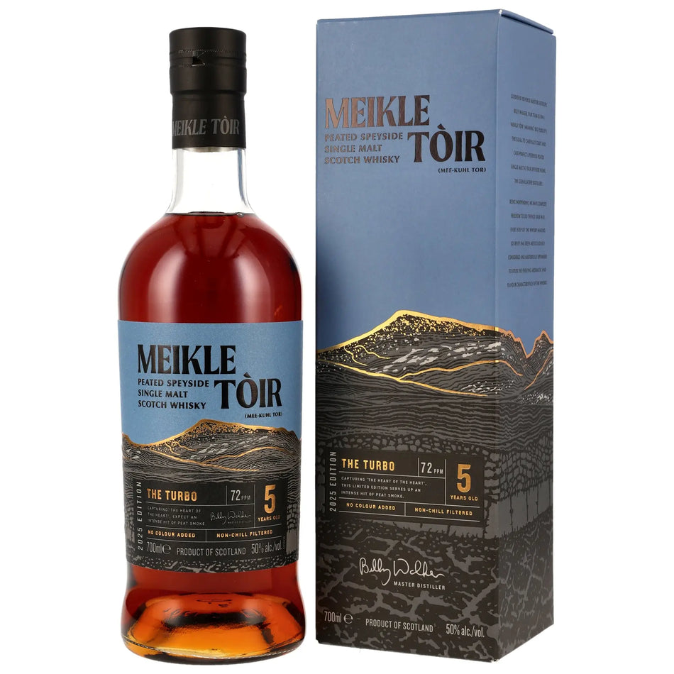 Vorderseite der Flasche und Verpackung vom Meikle Tòir The Turbo 5 Jahre 2025 Edition Single Malt Whisky