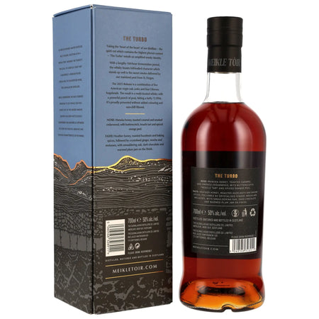 Rückseite der Flasche und Verpackung vom Meikle Tòir The Turbo 5 Jahre 2025 Edition Single Malt Whisky