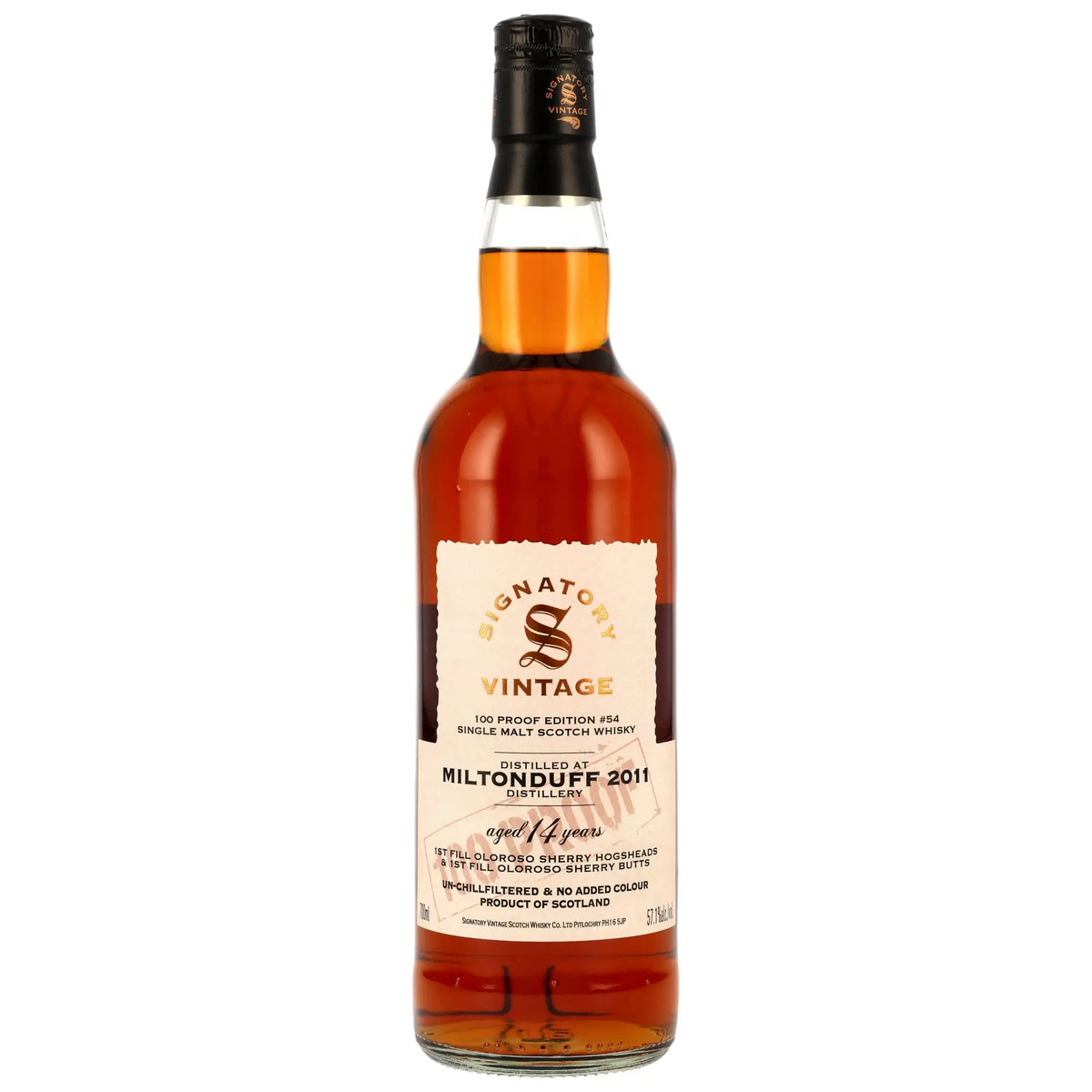 Vorderseite der Whiskyflasche Miltonduff 100 Proof Edition #54 14 Jahre 2011/2025 Single Malt Whisky