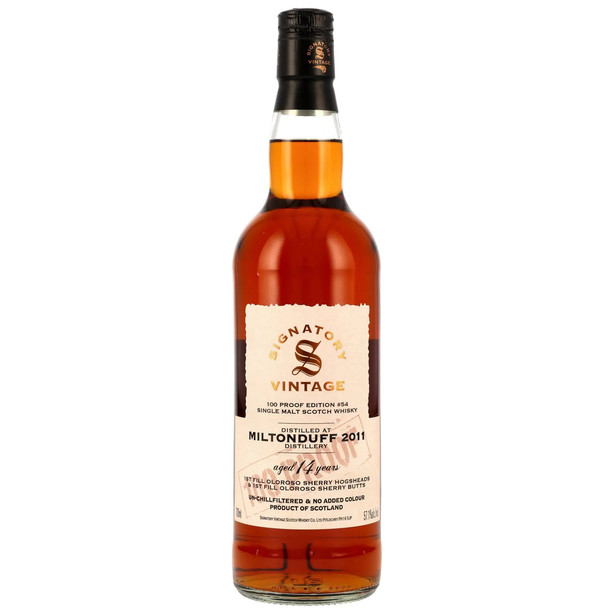 Vorderseite der Whiskyflasche Miltonduff 100 Proof Edition #54 14 Jahre 2011/2025 Single Malt Whisky
