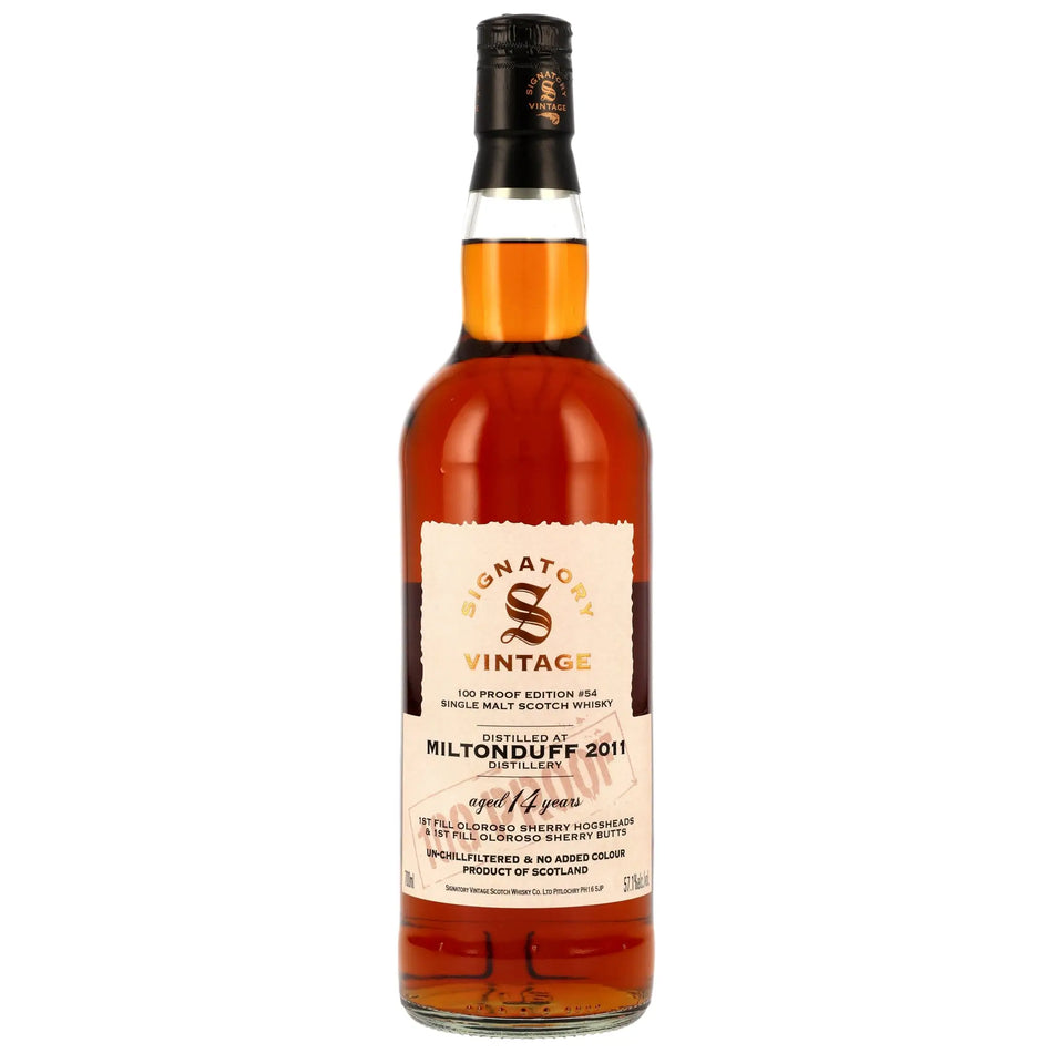 Vorderseite der Whiskyflasche Miltonduff 100 Proof Edition #54 14 Jahre 2011/2025 Single Malt Whisky