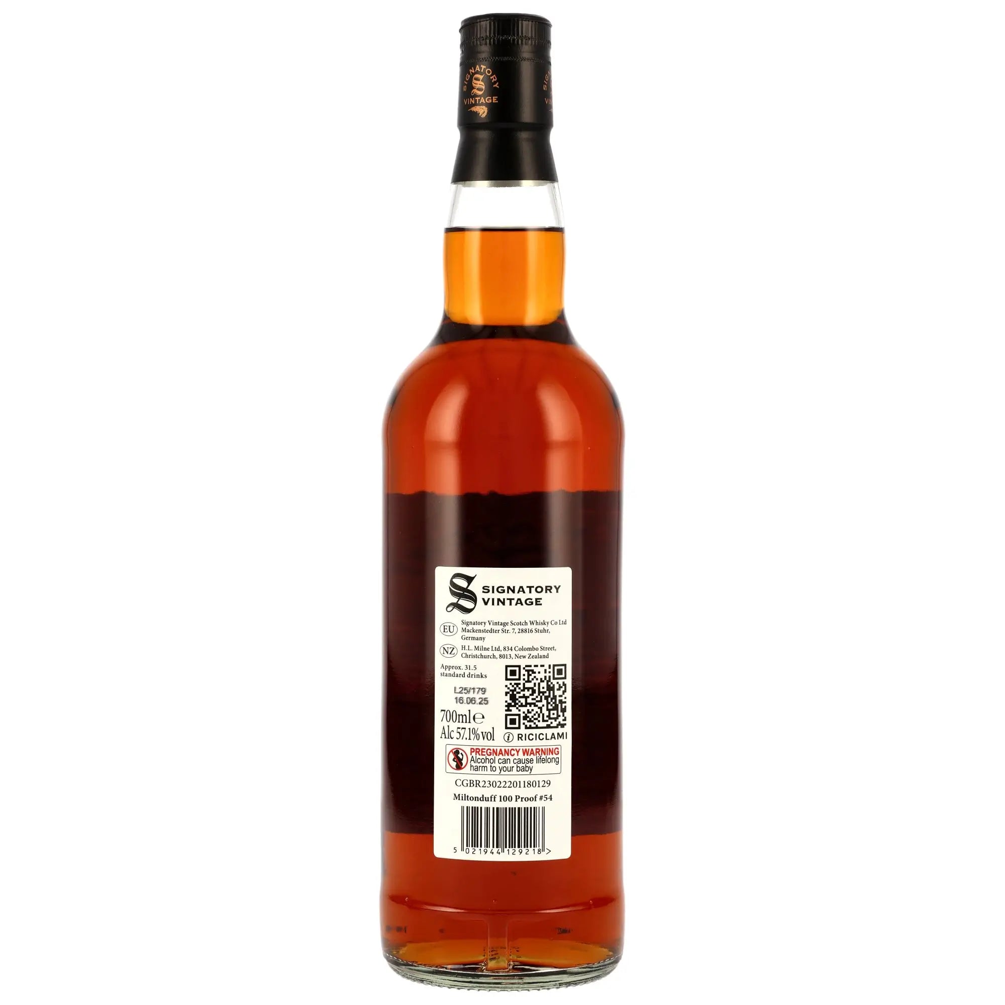 Rückseite der Whiskyflasche Miltonduff 100 Proof Edition #54 14 Jahre 2011/2025 Single Malt Whisky
