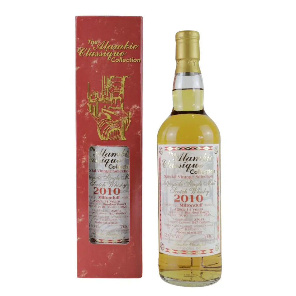 Vorderseite der Flasche und Verpackung vom Miltonduff Special Vintage Collection 14 Jahre 2010/2025 Single Malt Scotch Whisky