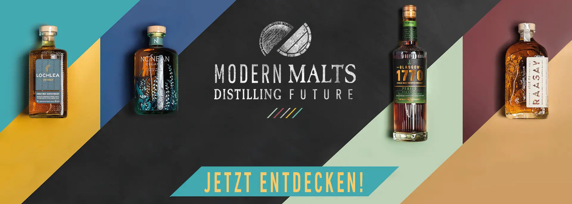 Modern Malts Banner mit den Whiskyflaschen Lochlea, Nc'Nean, Glasgow und Isle of Raasay