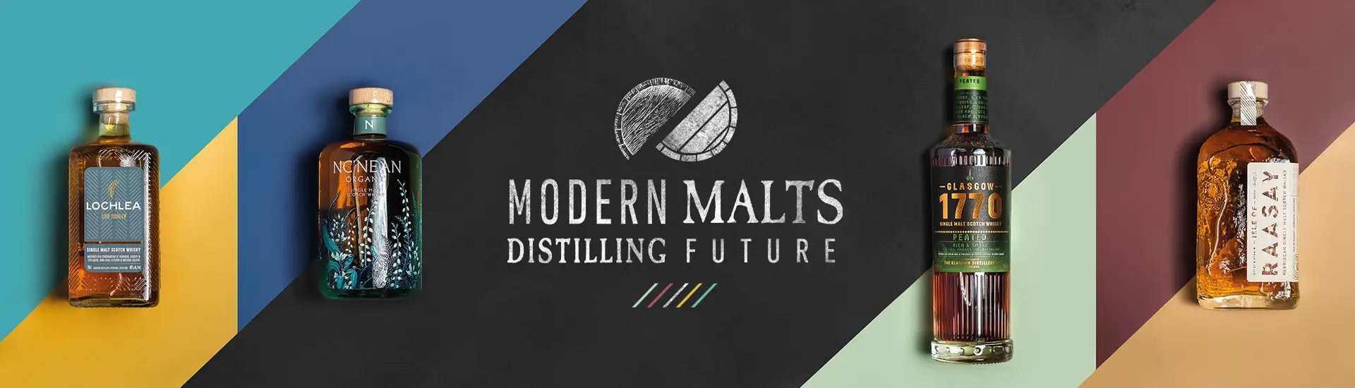 Modern Malts Single Malt Whisky Logo und vier Single Malt Whiskys von Lochlea, Ne'Nean, Glasgow und Isle of Raasay