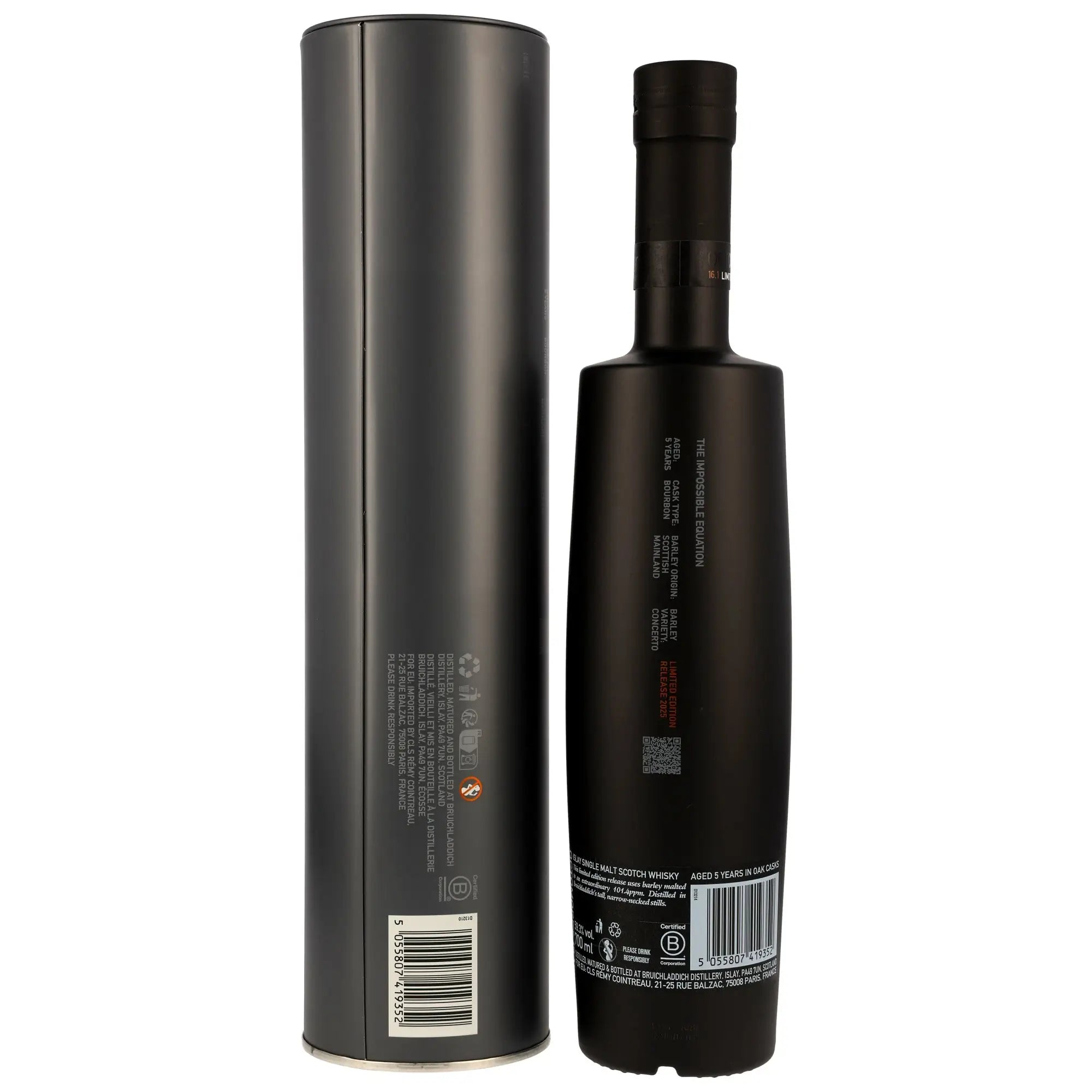 Rückseite der Flasche und Verpackung vom Octomore 16.1 5 Jahre Single Malt Whisky