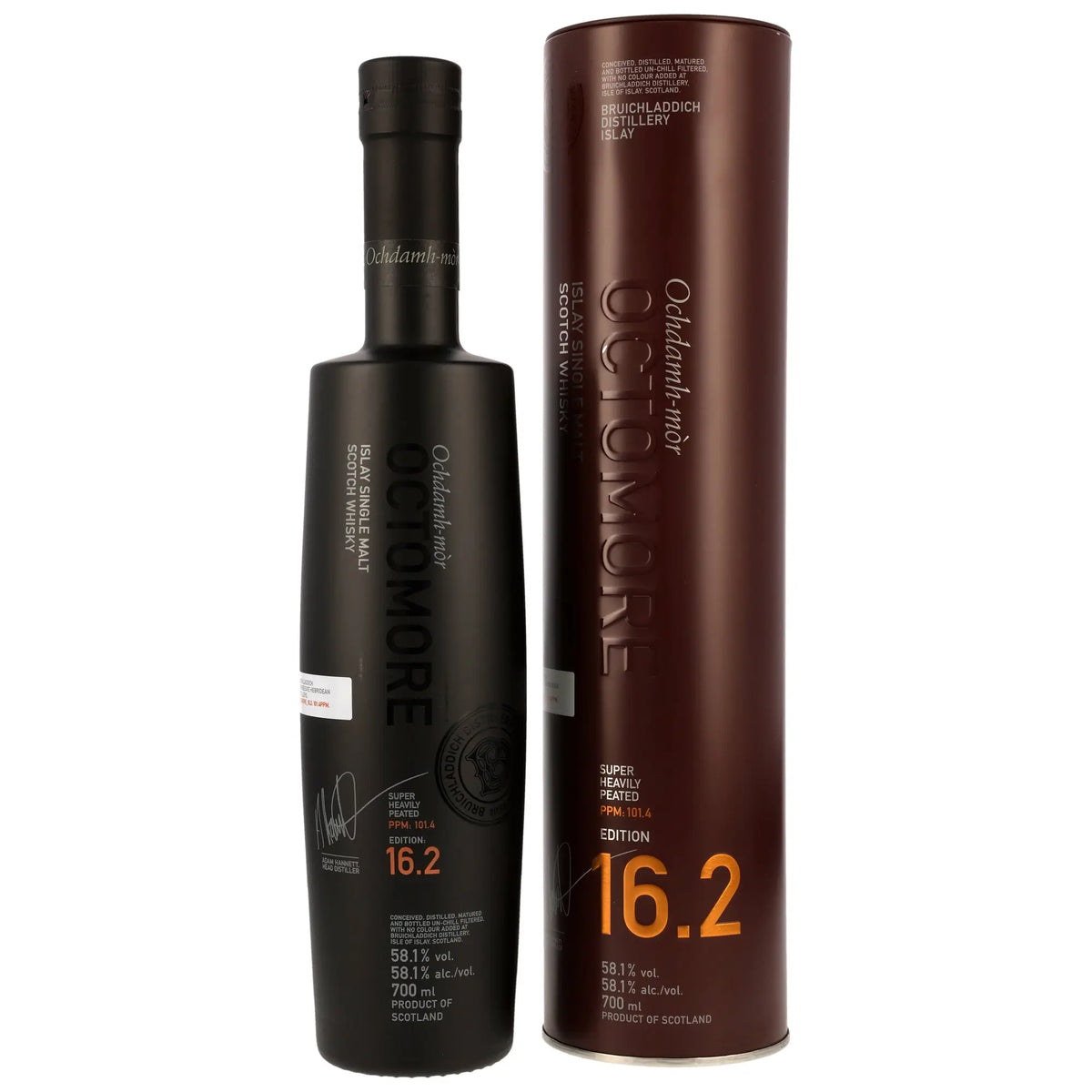 Vorderseite der Flasche und Verpackung vom Octomore 16.2 5 Jahre Single Malt Whisky