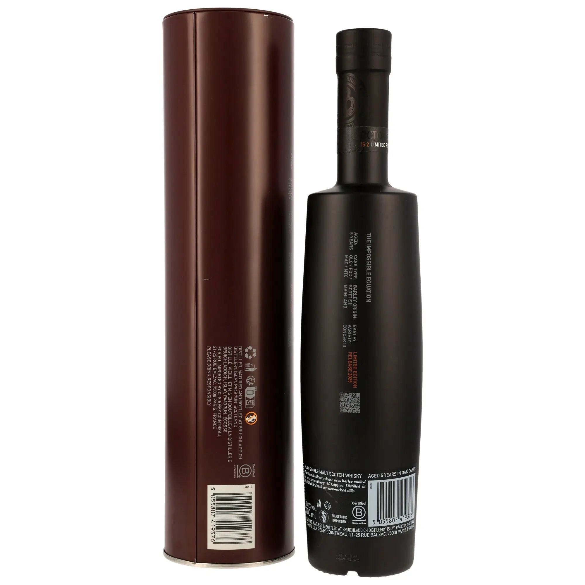 Rückseite der Flasche und Verpackung vom Octomore 16.2 5 Jahre Single Malt Whisky