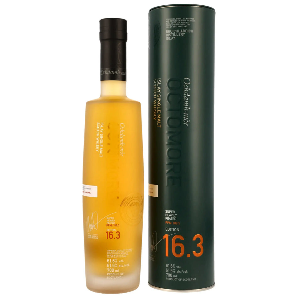 Vorderseite der Flasche und Verpackung vom Octomore 16.3 5 Jahre Single Malt Whisky