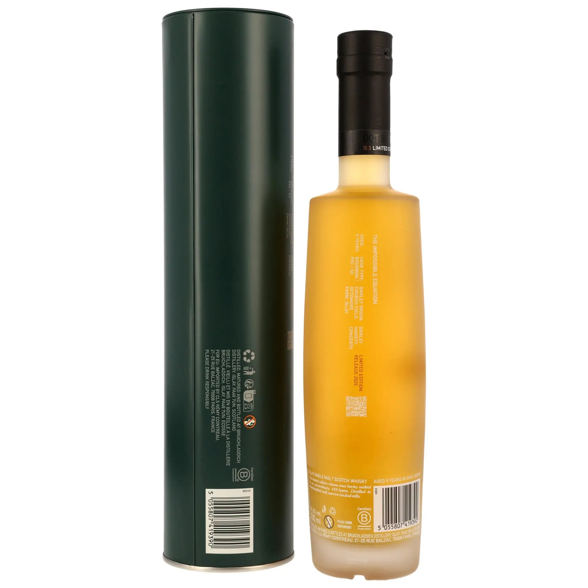 Rückseite der Flasche und Verpackung vom Octomore 16.3 5 Jahre Single Malt Whisky