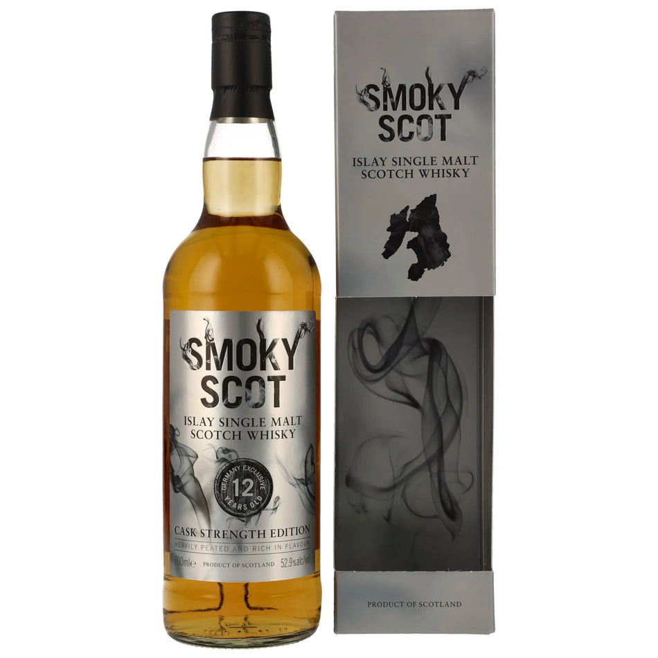 Vorderseite der Whiskyflasche und Verpackung von Smoky Scot Cask Strength 12 Jahre Islay Single Malt Whisky