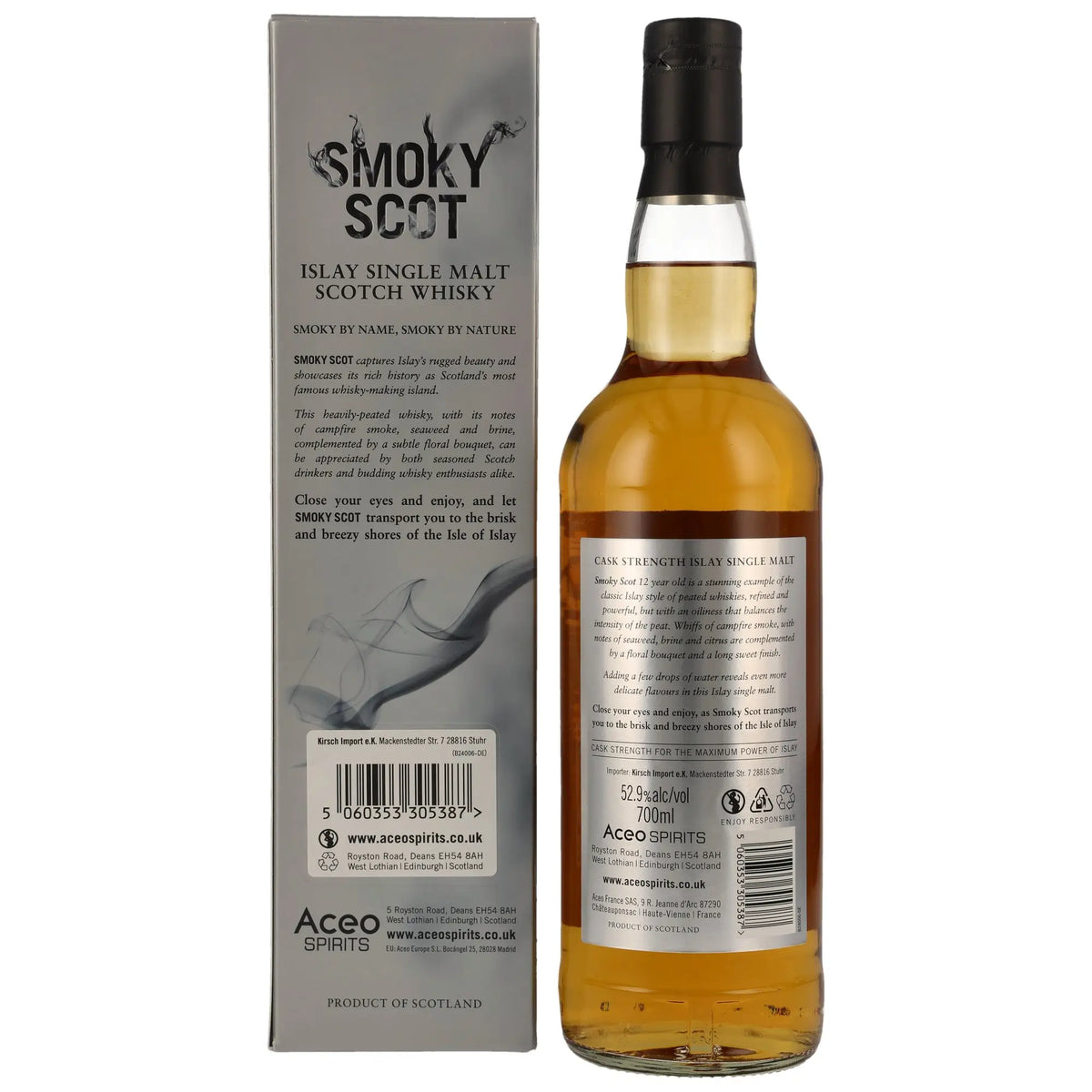 Rückseite der Whiskyflasche und Verpackung von Smoky Scot Cask Strength 12 Jahre Islay Single Malt Whisky