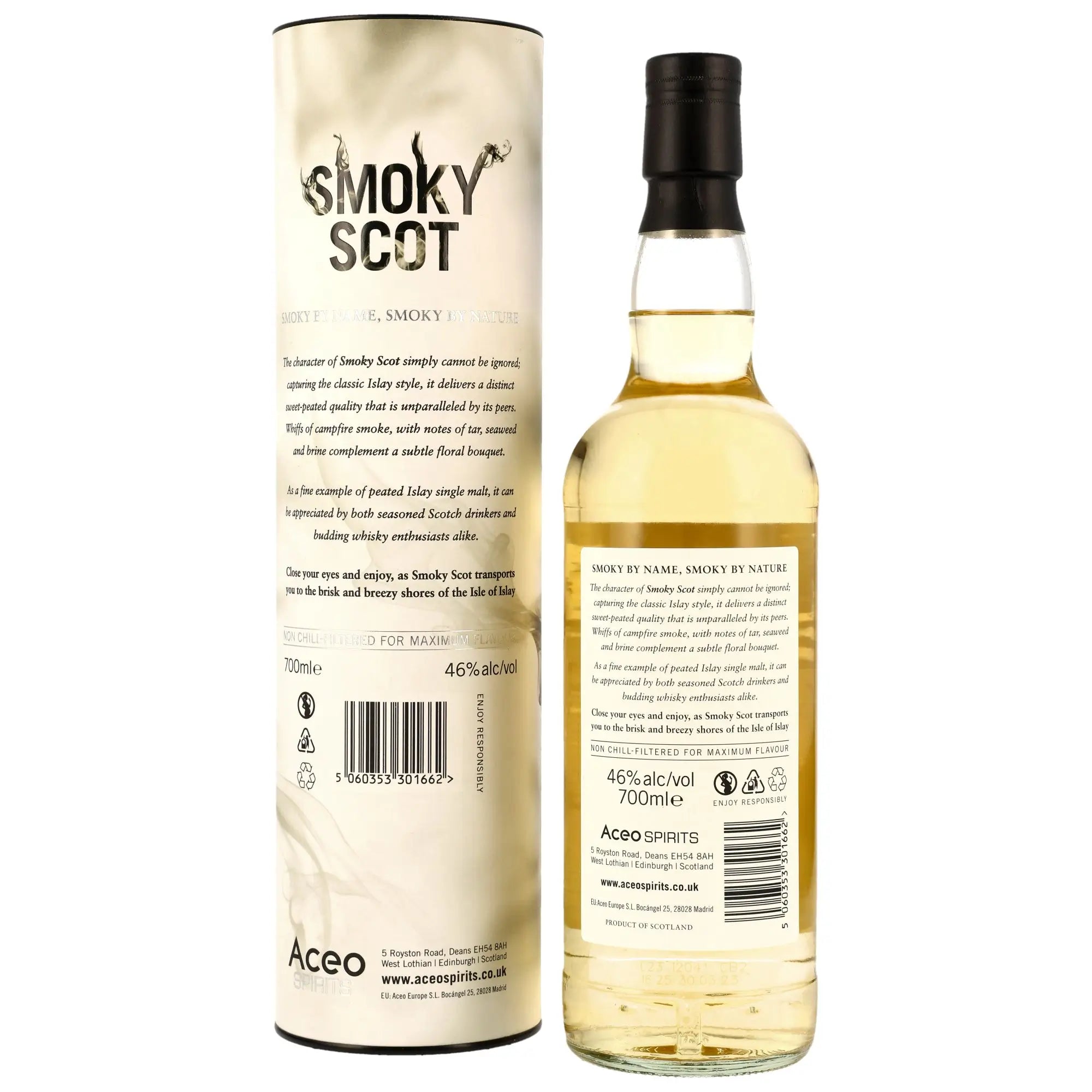 Rückseite vom Smoky Scot Islay Single Malt Whisky und Dose