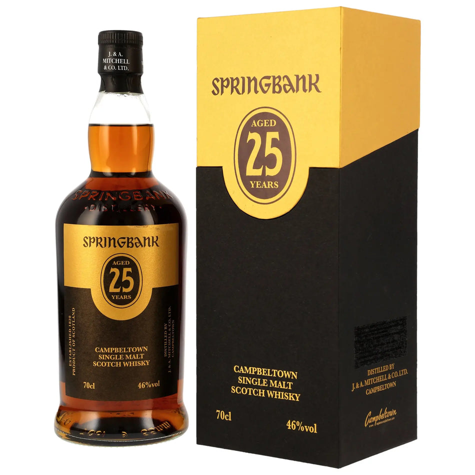Springbank 25 Jahre Single Malt Whisky Flasche und Verpackung 70cl 46 Prozent Volumen