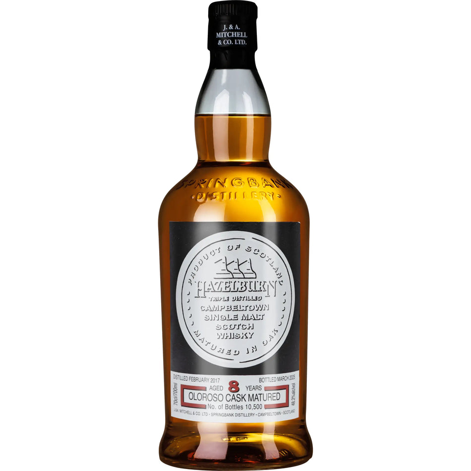 Springbank Single Malt Whisky Flasche mit Oloroso Cask Matured Reifung und klarer bernsteinfarbener Whisky