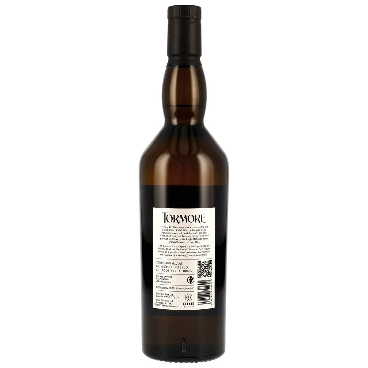 Tormore Single Malt Whisky Flasche Rückseite mit Etikett in braunem Glas