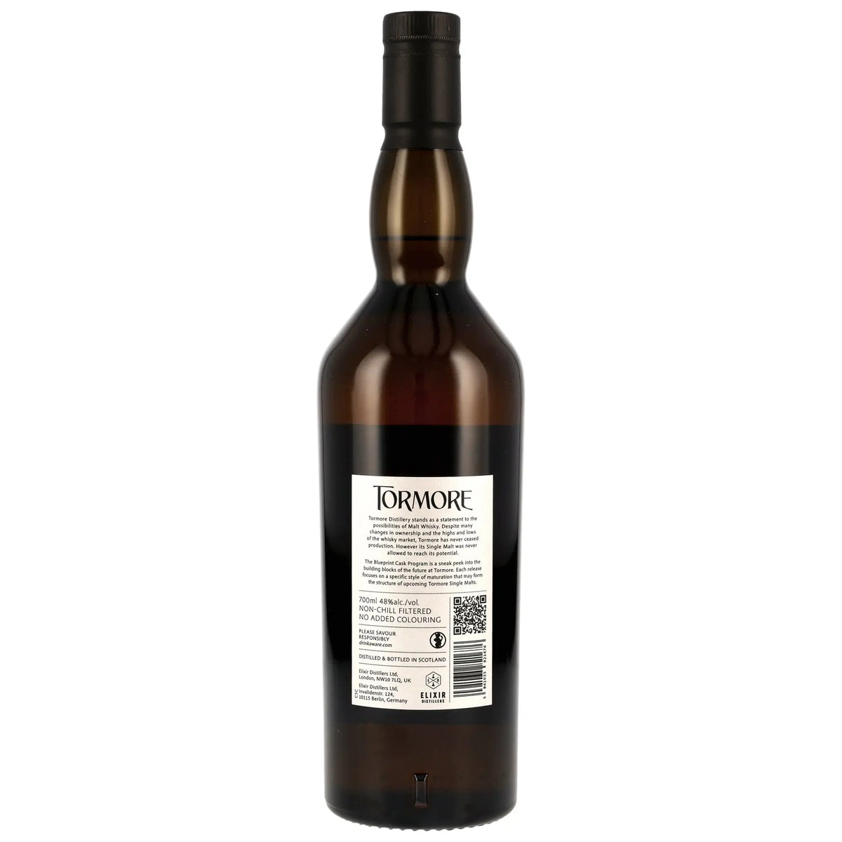 Tormore Single Malt Whisky Flasche Rückansicht mit Etikett und schwarzem Verschluss