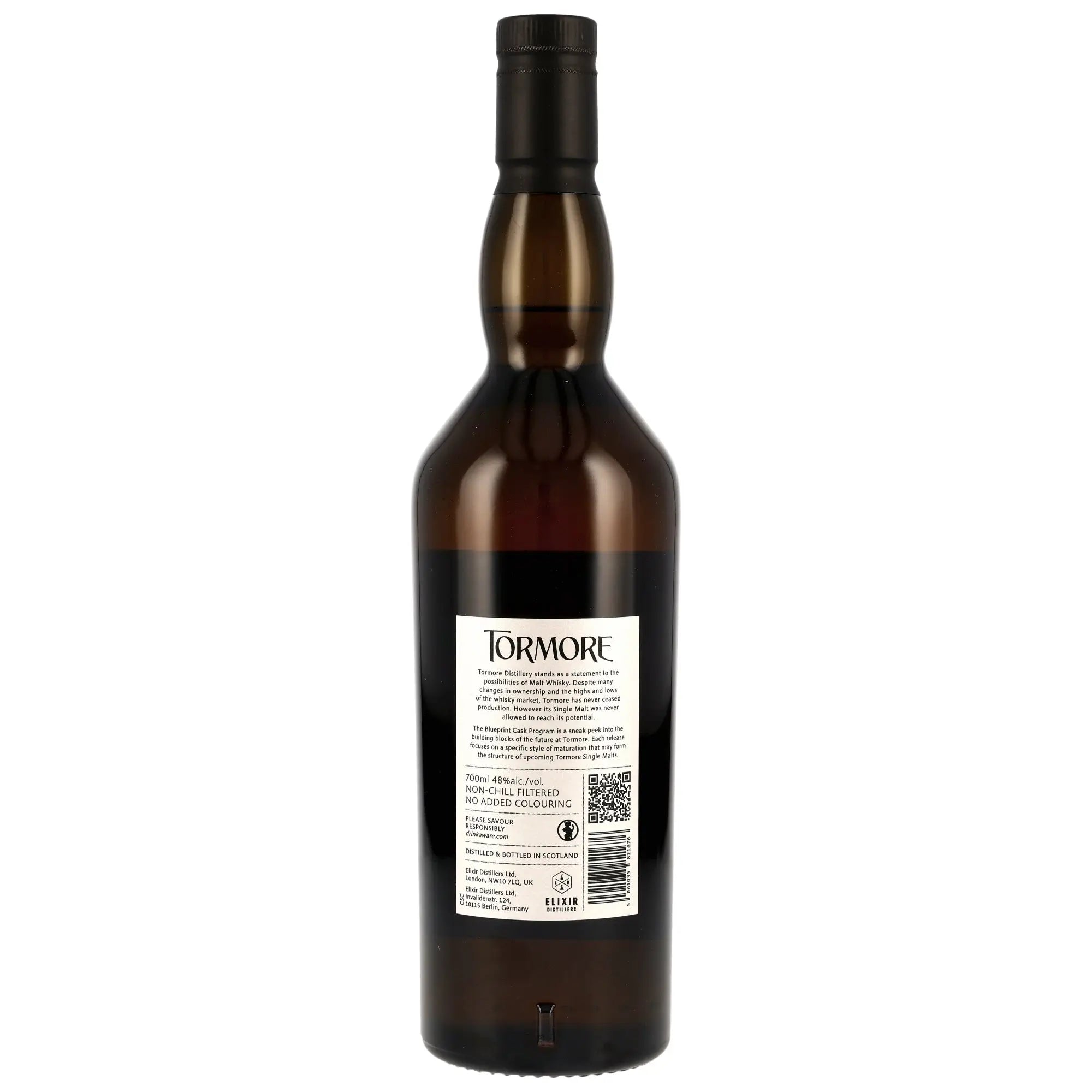 Tormore Single Malt Whisky Flasche Rückansicht mit Etikett und schwarzem Verschluss
