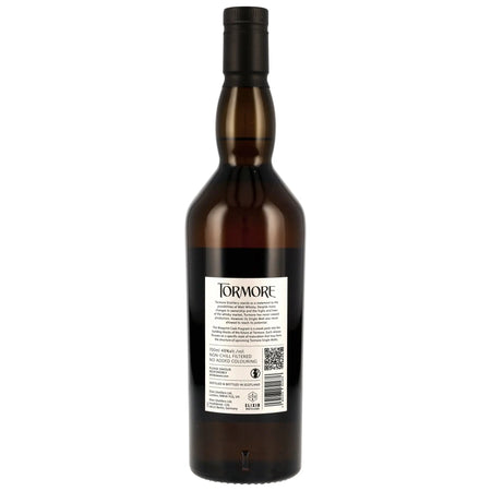 Tormore Single Malt Whisky Flasche Rückansicht mit Etikett und schwarzem Verschluss