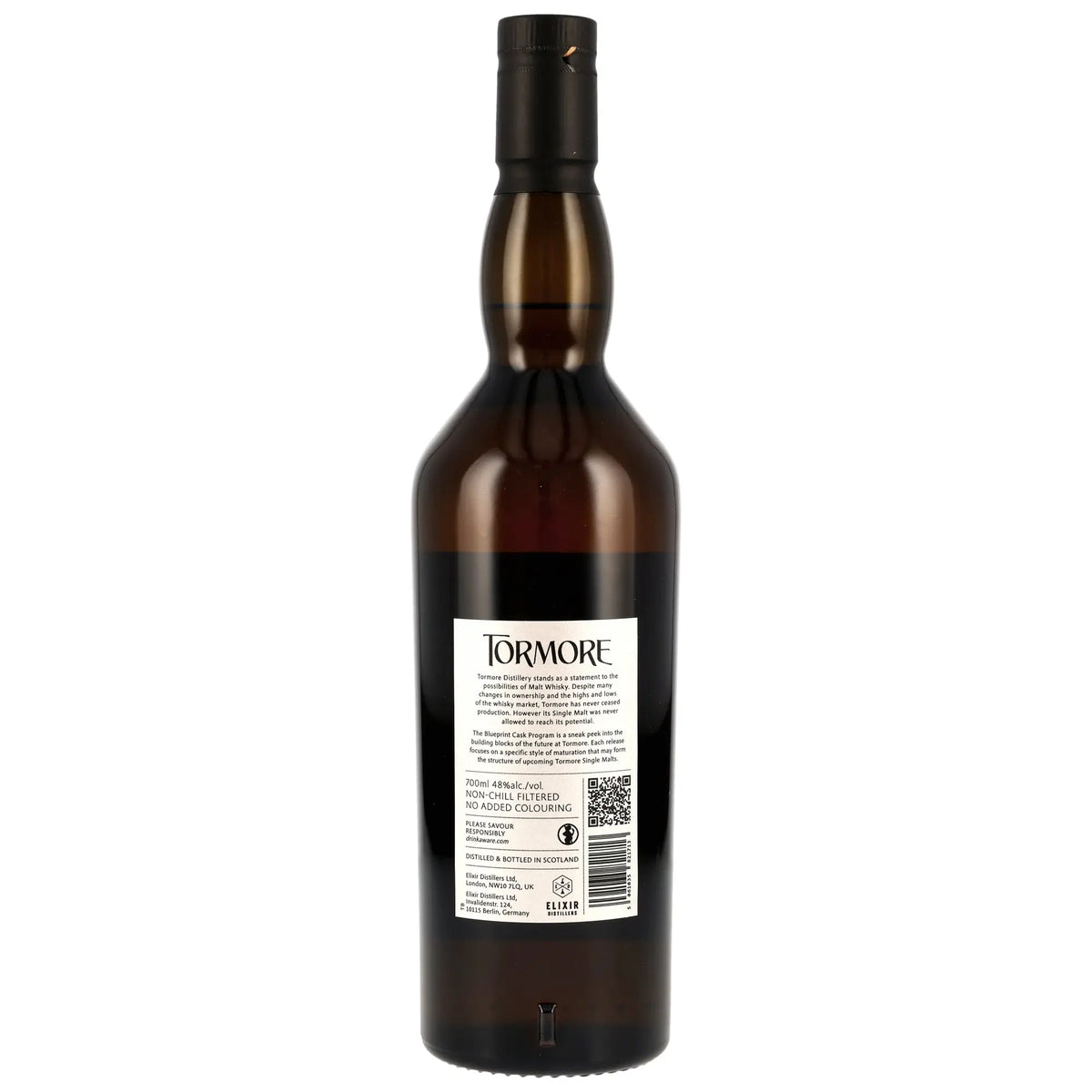 Tormore Single Malt Whisky Flasche Rückseite mit Etikett und Beschreibung auf weißem Hintergrund