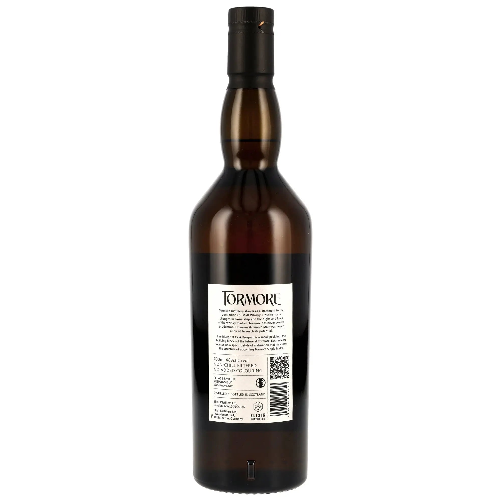 Tormore Single Malt Whisky Flasche Rückseite mit Etikett und Beschreibung auf weißem Hintergrund