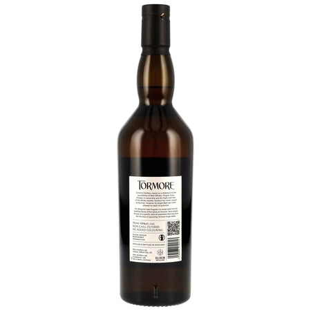 Tormore Single Malt Whisky Flasche Rückseite mit Etikett und Beschreibung auf weißem Hintergrund