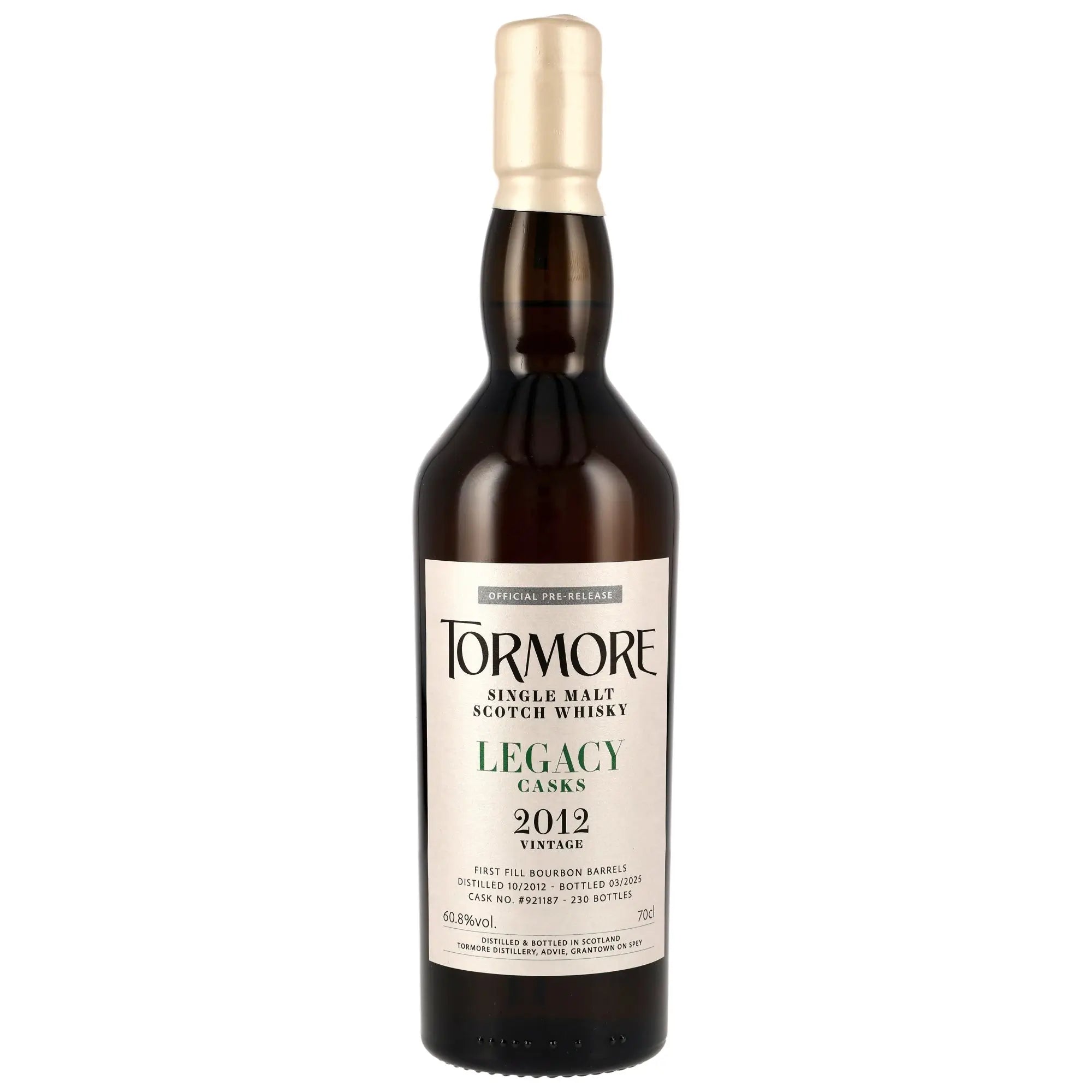 Vorderseite der Single Malt Whiskyflasche Tormore Legacy Casks 12 Jahre 2012/2025