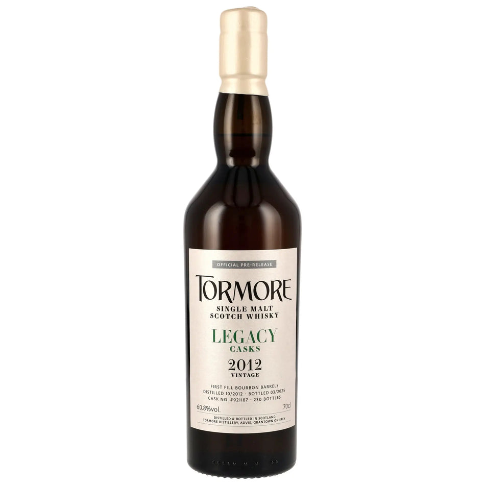 Vorderseite der Single Malt Whiskyflasche Tormore Legacy Casks 12 Jahre 2012/2025
