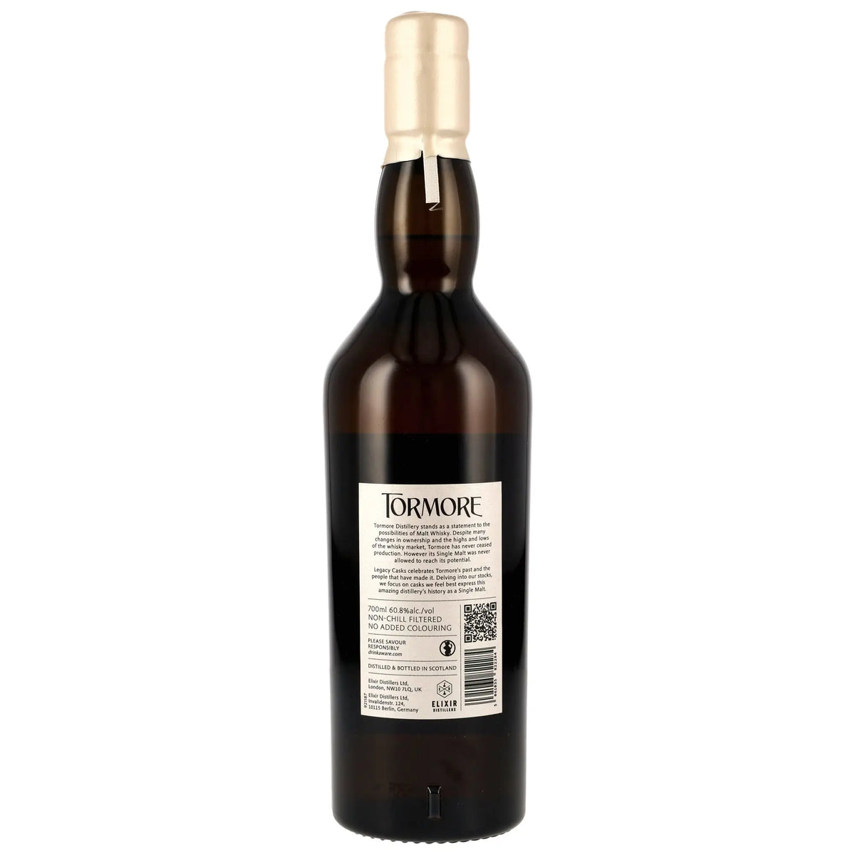 Rückseite der Single Malt Whiskyflasche Tormore Legacy Casks 12 Jahre 2012/2025